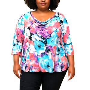 Investments II 1X Blue Floral Sleeves Women's Top Shirt Blouse Plus Size 14W 16W